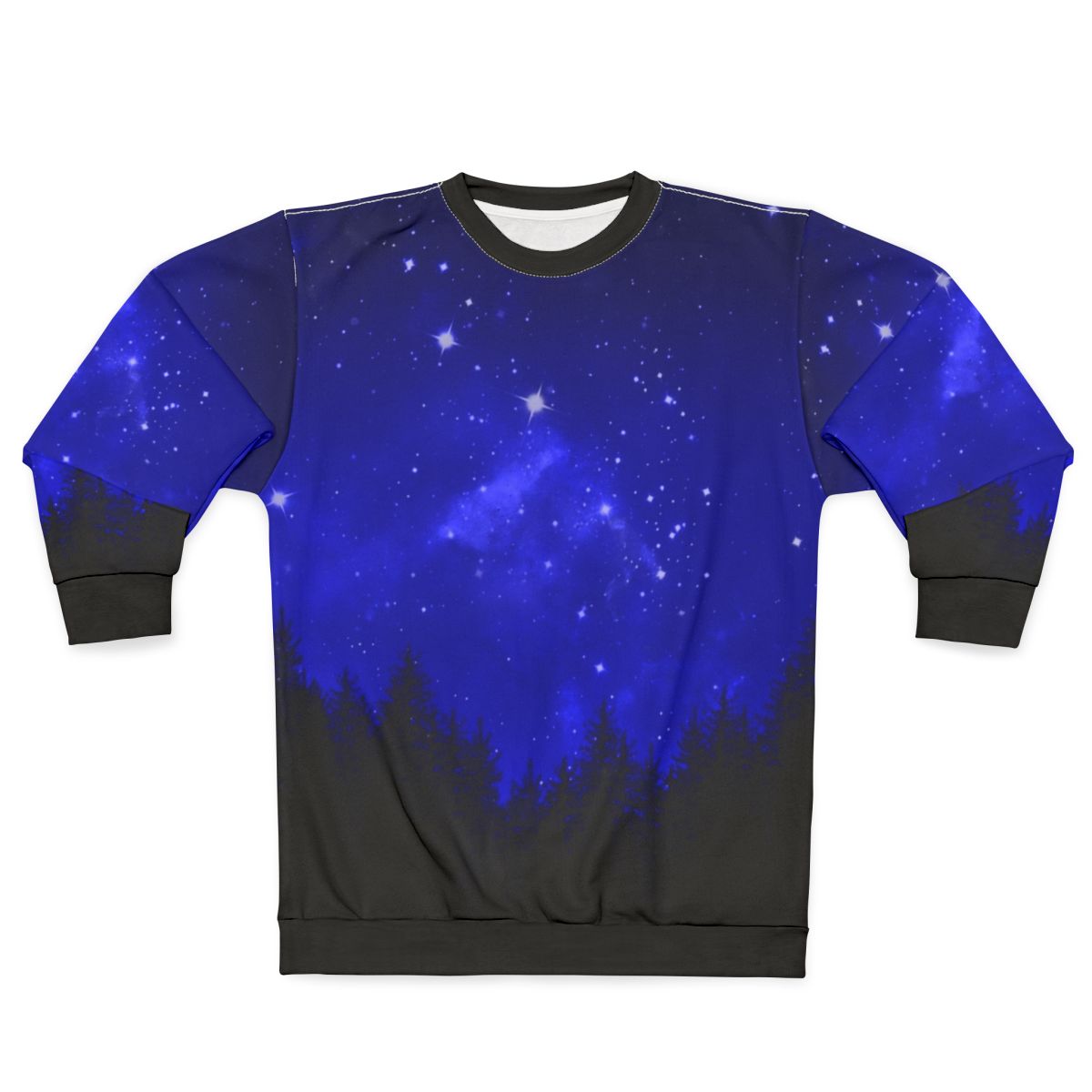 Blue galaxy forest night sky sweatshirt with trees and mountains