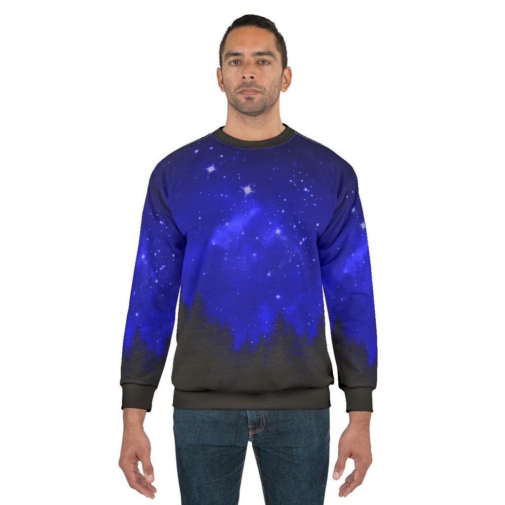 Blue galaxy forest night sky sweatshirt with trees and mountains