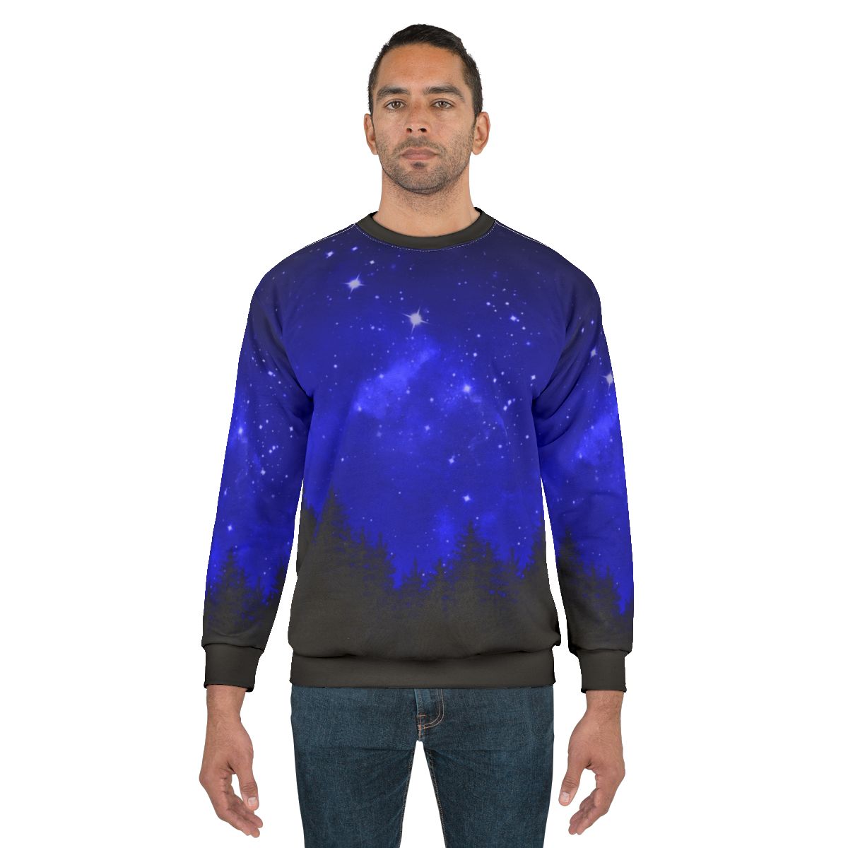 Blue galaxy forest night sky sweatshirt with trees and mountains