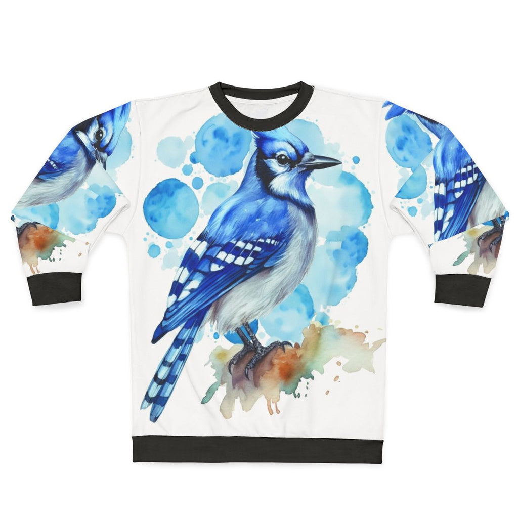 Closeup of a stylish blue jay sweatshirt with watercolor design