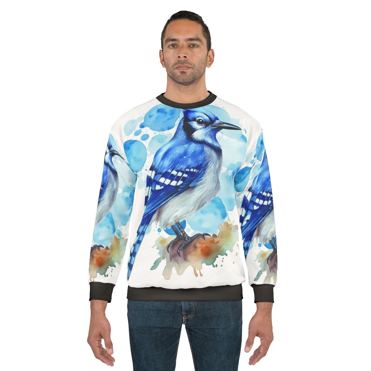 Closeup of a stylish blue jay sweatshirt with watercolor design