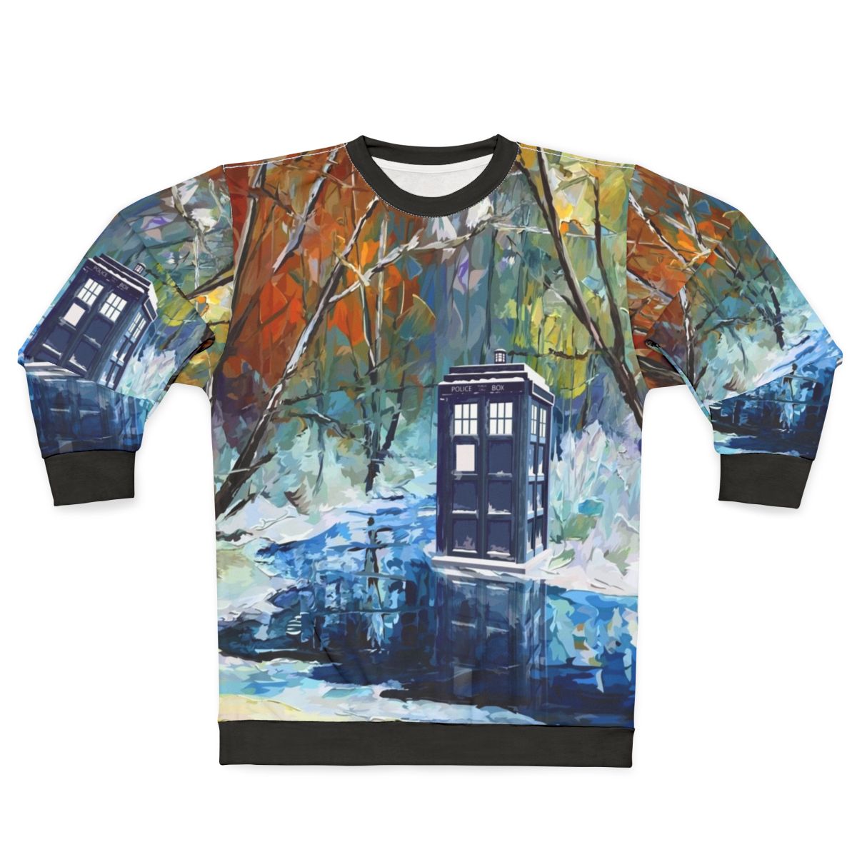 Blue Phone Booth Winter Sweatshirt with Galaxy and Starry Night Design