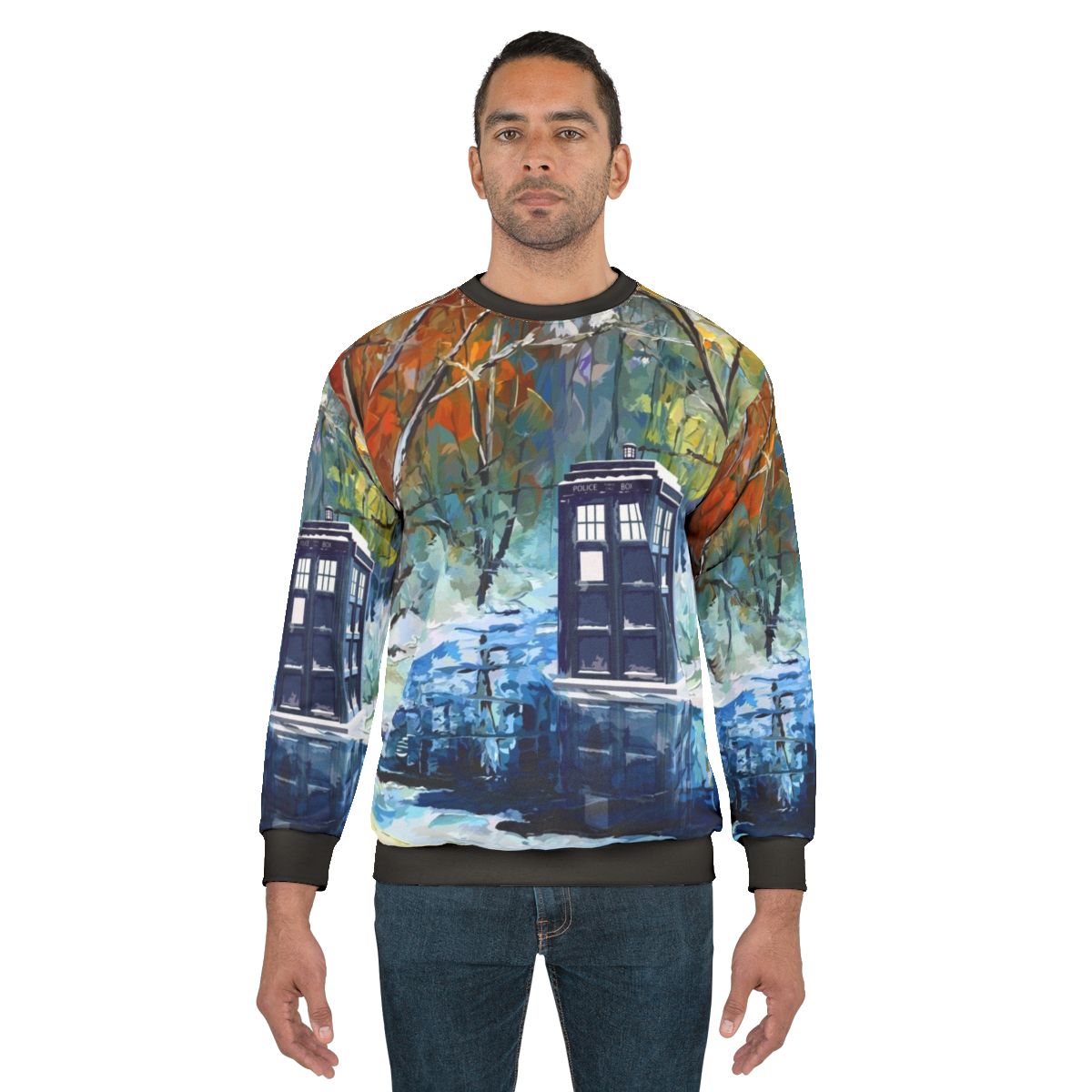 Blue Phone Booth Winter Sweatshirt with Galaxy and Starry Night Design