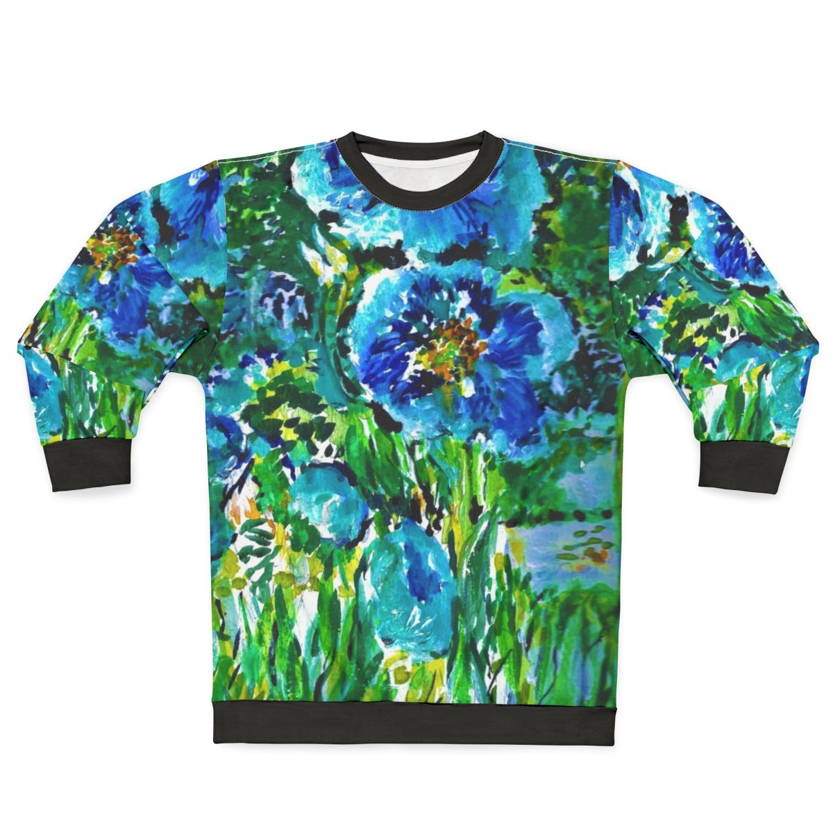 Blue poppies sweatshirt with religious art design