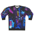 "Blue Tokyo Alley Sweatshirt with Cyberpunk Neon Streetwear Design"