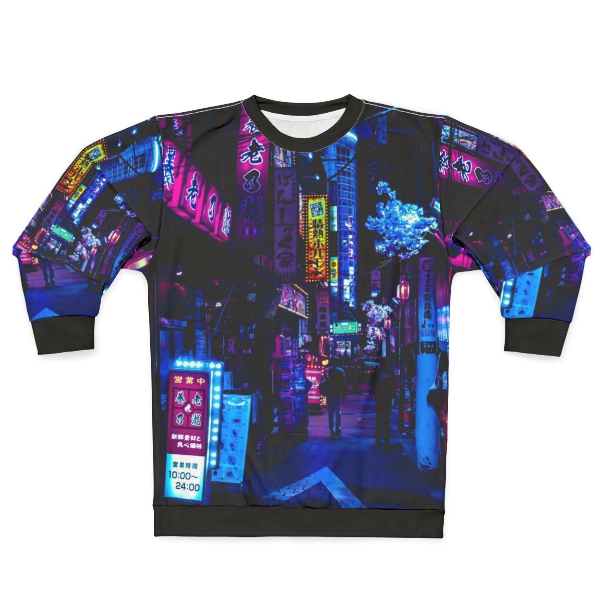 "Blue Tokyo Alley Sweatshirt with Cyberpunk Neon Streetwear Design"