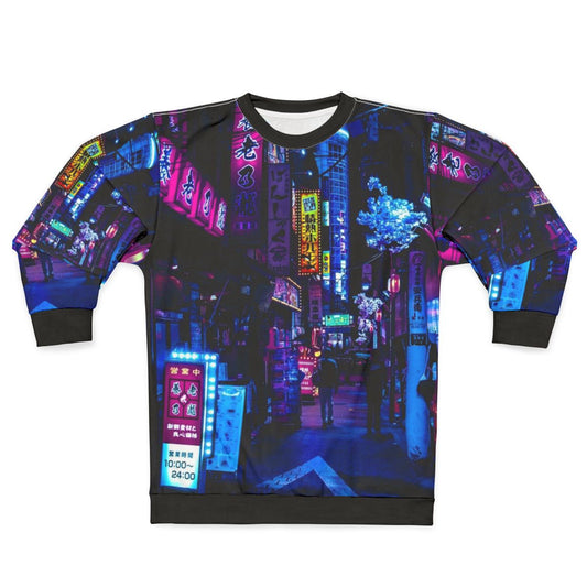 "Blue Tokyo Alley Sweatshirt with Cyberpunk Neon Streetwear Design"
