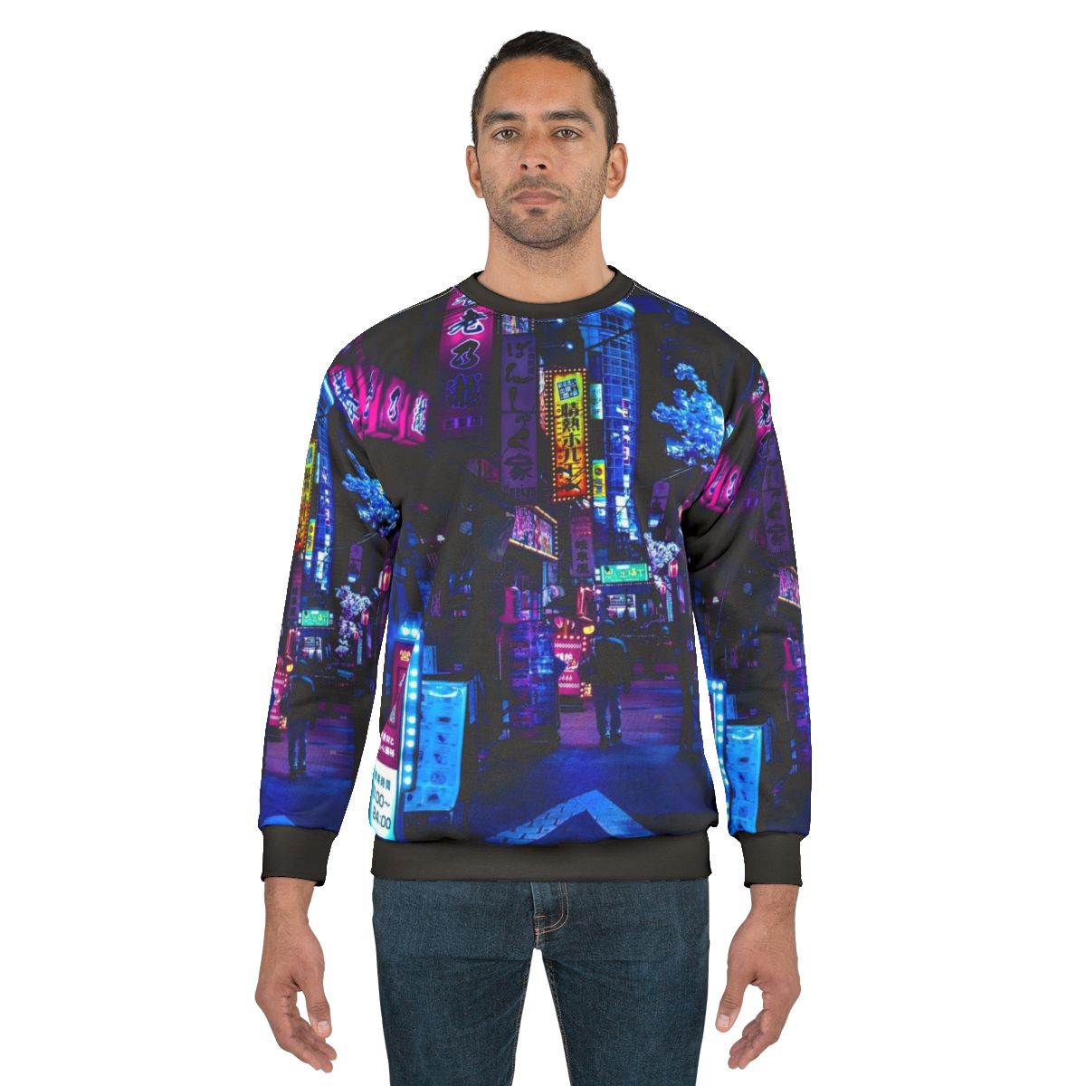 "Blue Tokyo Alley Sweatshirt with Cyberpunk Neon Streetwear Design"