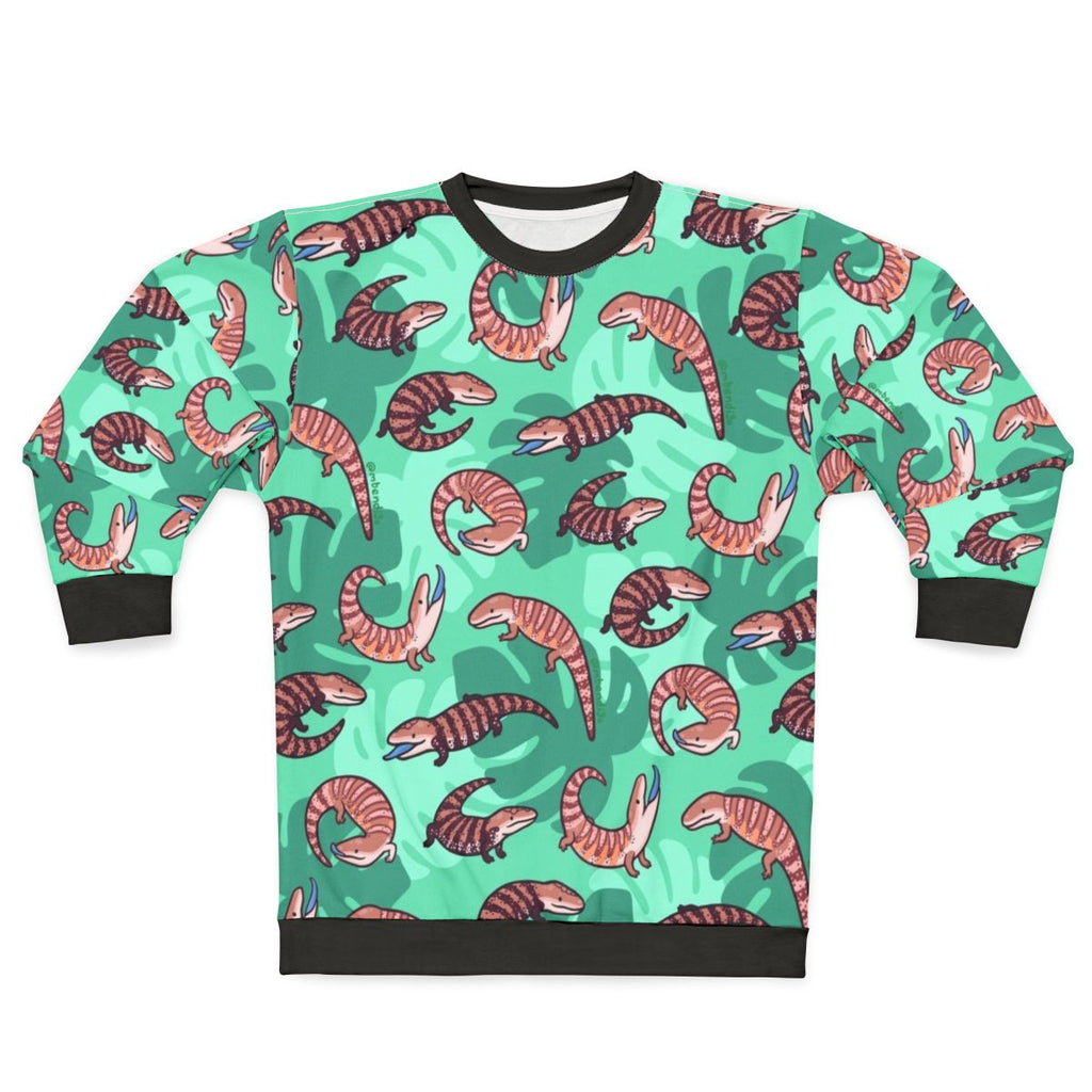 Vibrant blue tongue skink illustration on a cozy sweatshirt