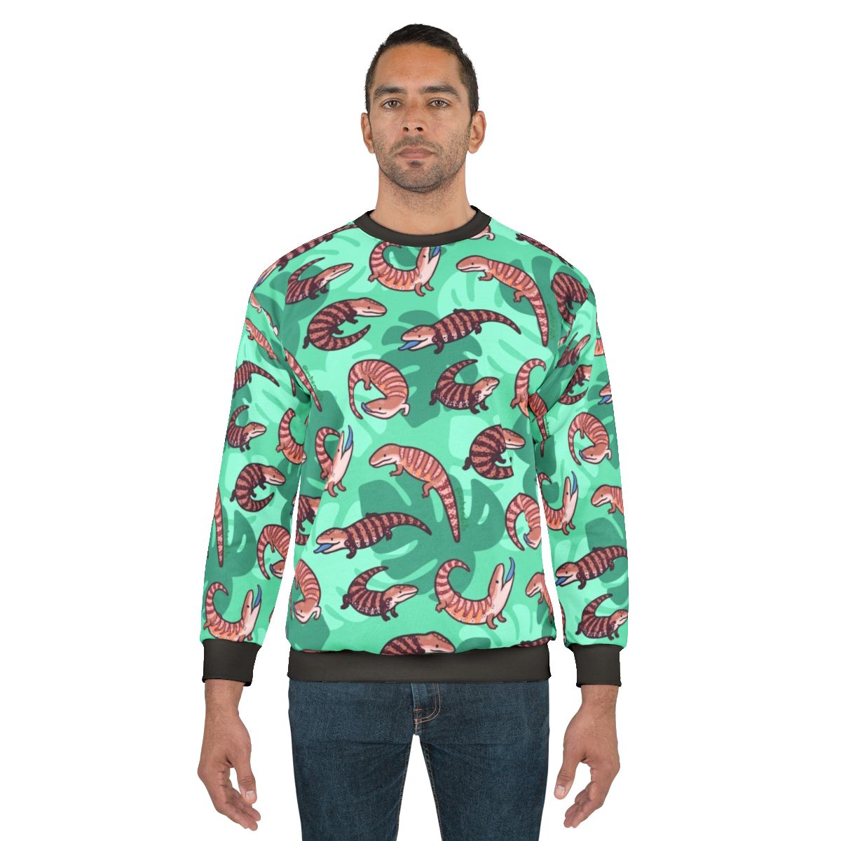 Vibrant blue tongue skink illustration on a cozy sweatshirt