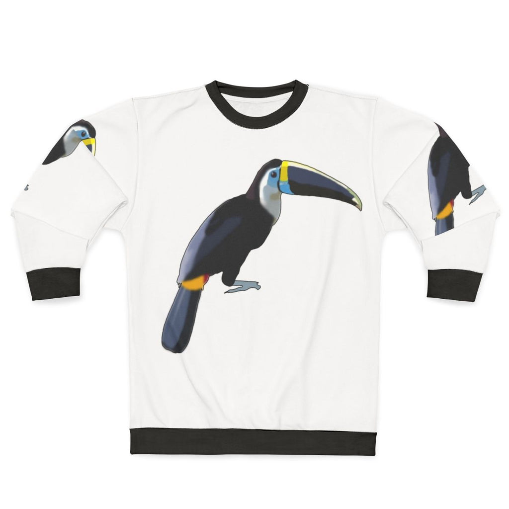 Blue toucan graphic on a cozy sweatshirt