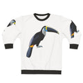 Blue toucan graphic on a cozy sweatshirt