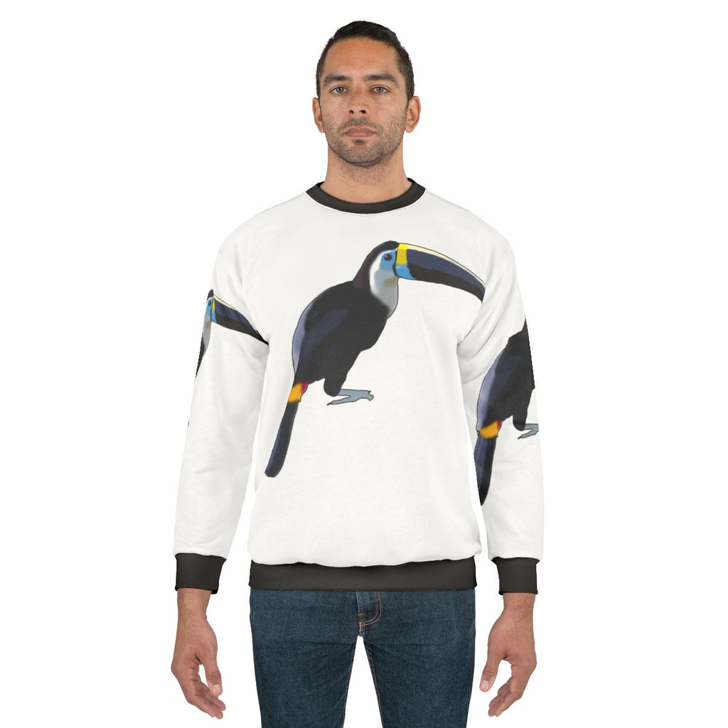 Blue toucan graphic on a cozy sweatshirt