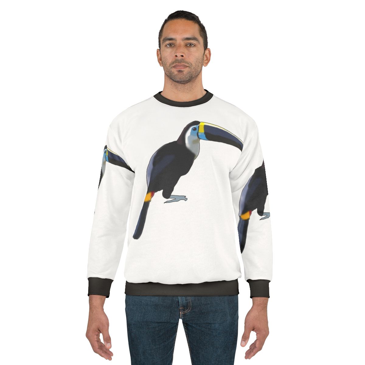 Blue toucan graphic on a cozy sweatshirt