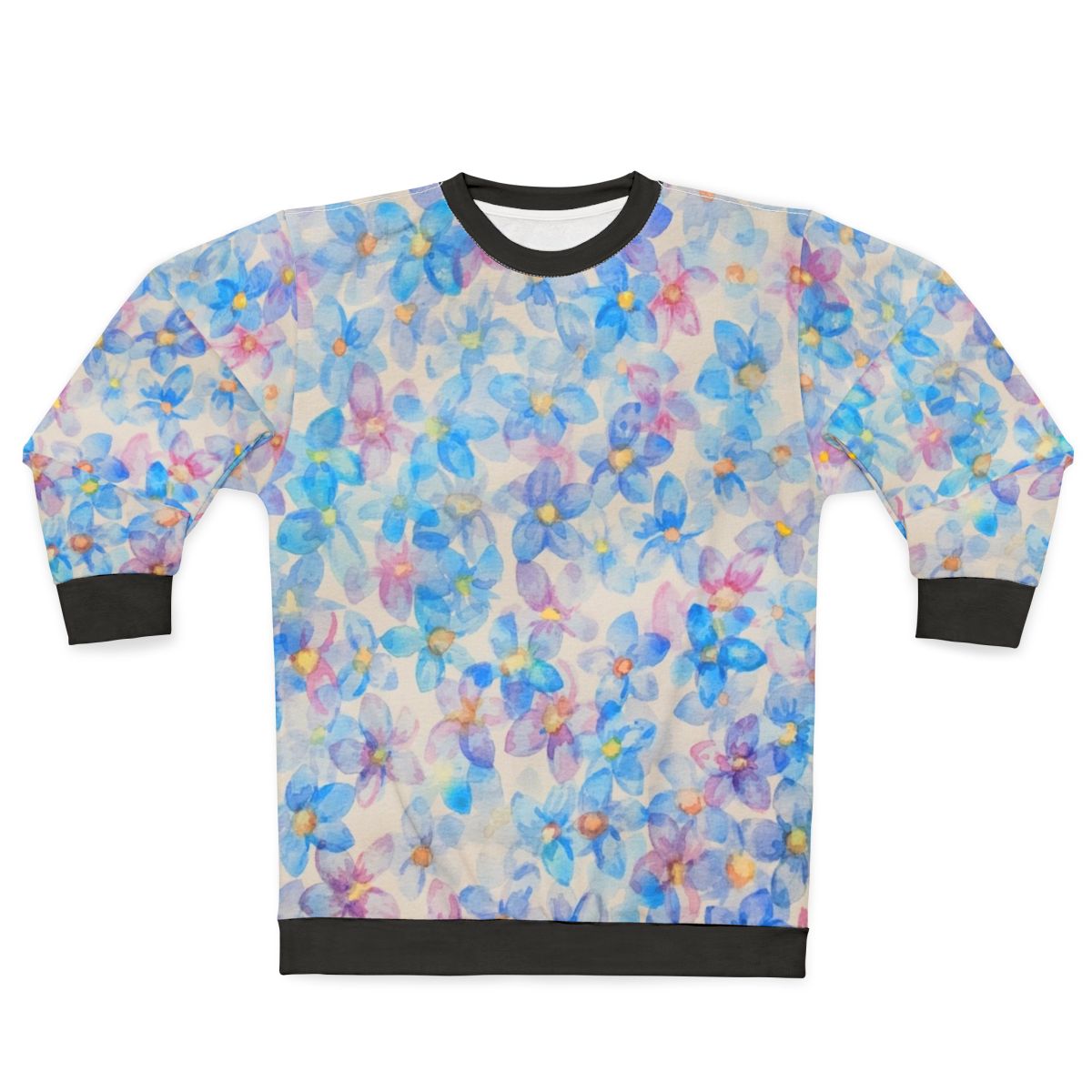 Blue watercolor flower buds painting on sweatshirt