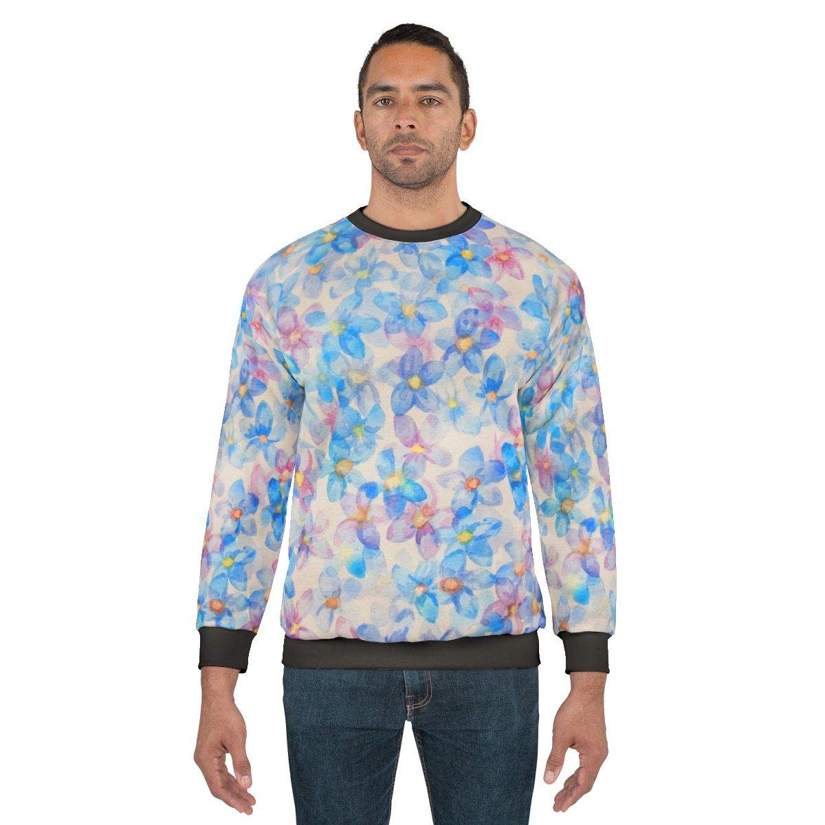 Blue watercolor flower buds painting on sweatshirt