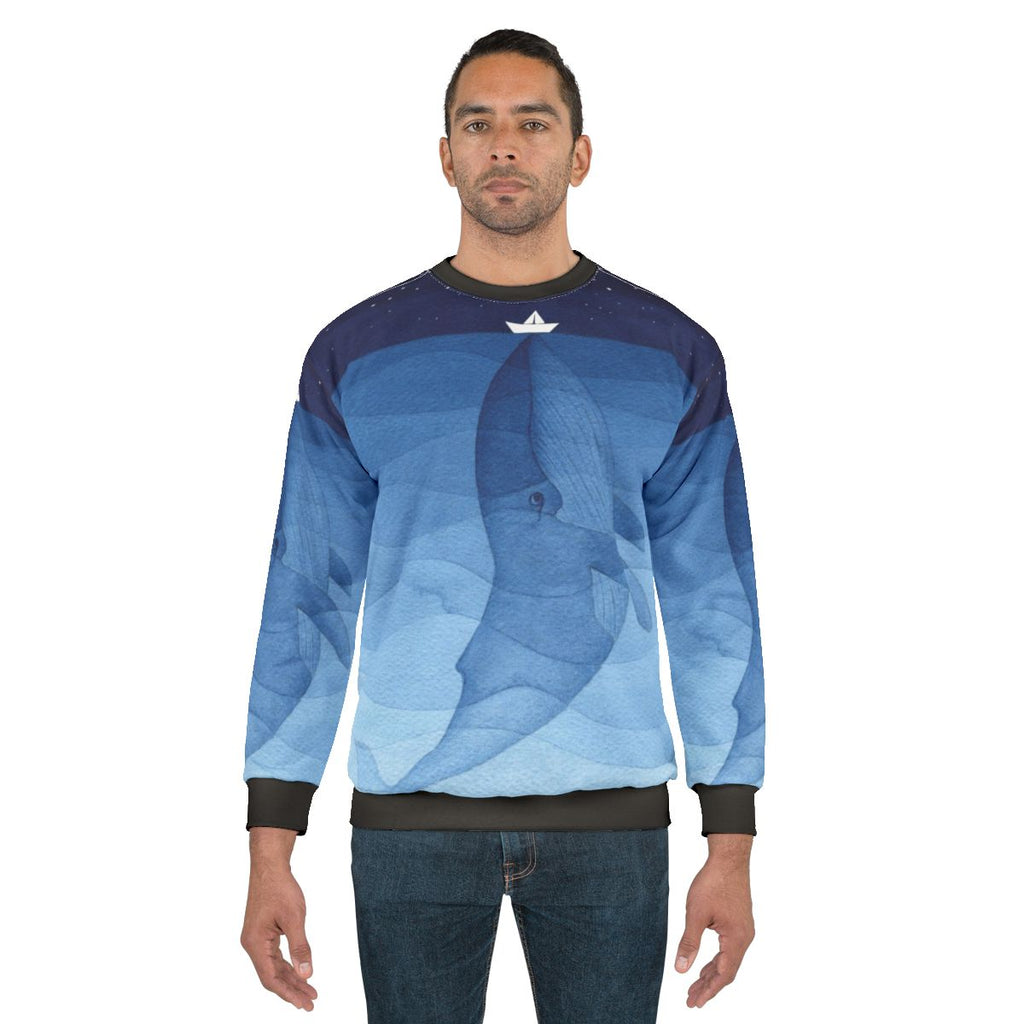 Blue whale watercolor illustration on a sweatshirt