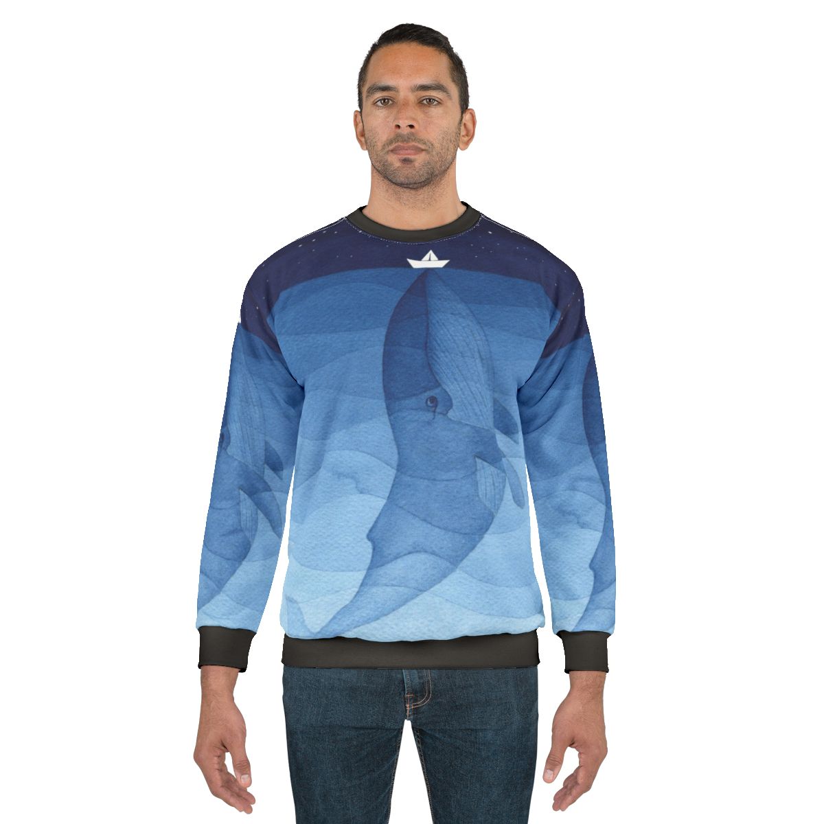 Blue whale watercolor illustration on a sweatshirt