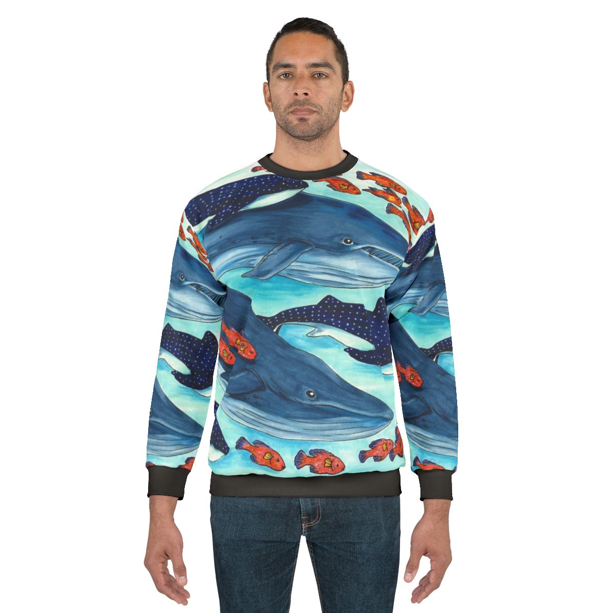 Blue whale and sea life design on cozy sweatshirt