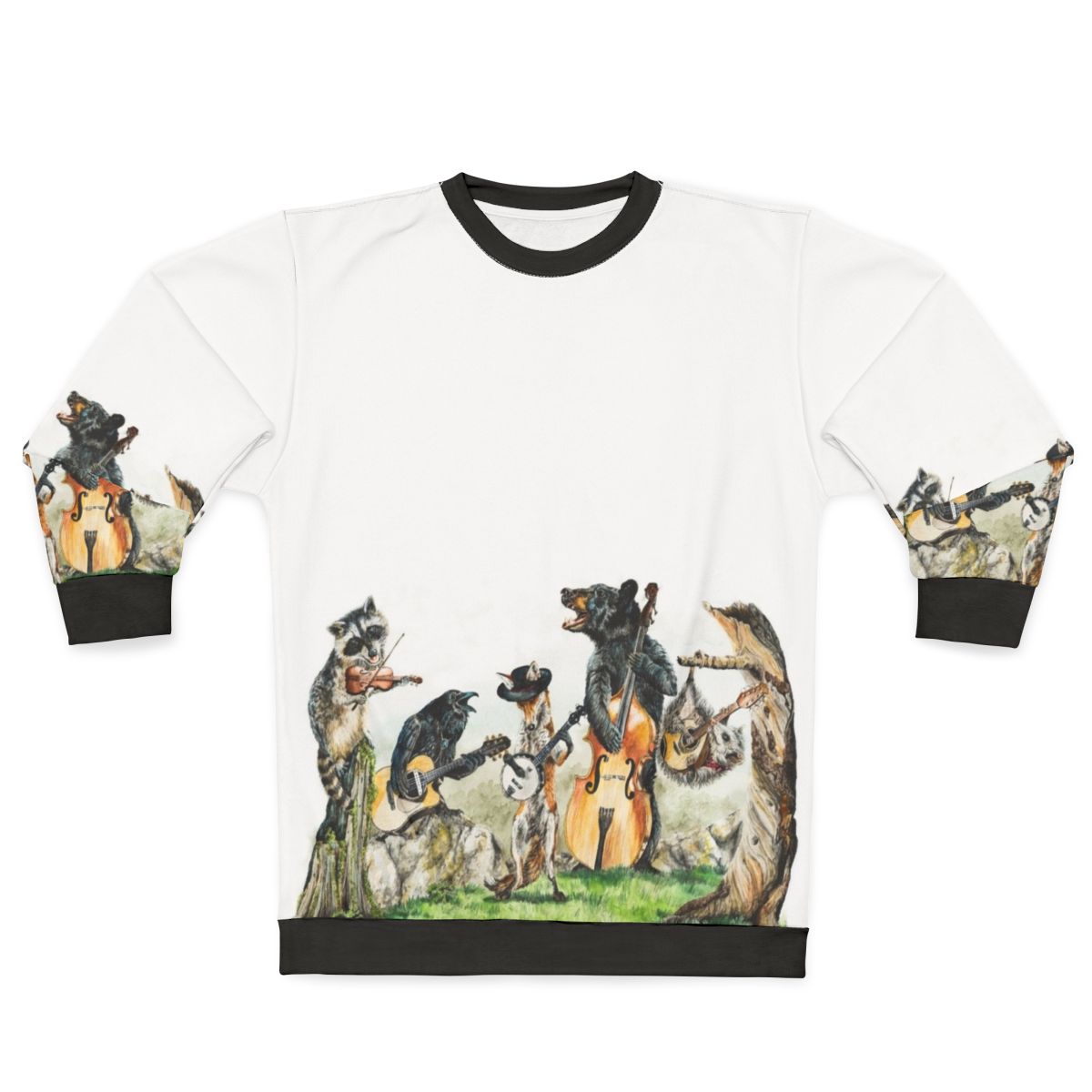 Bluegrass animal music sweatshirt featuring watercolor wildlife art