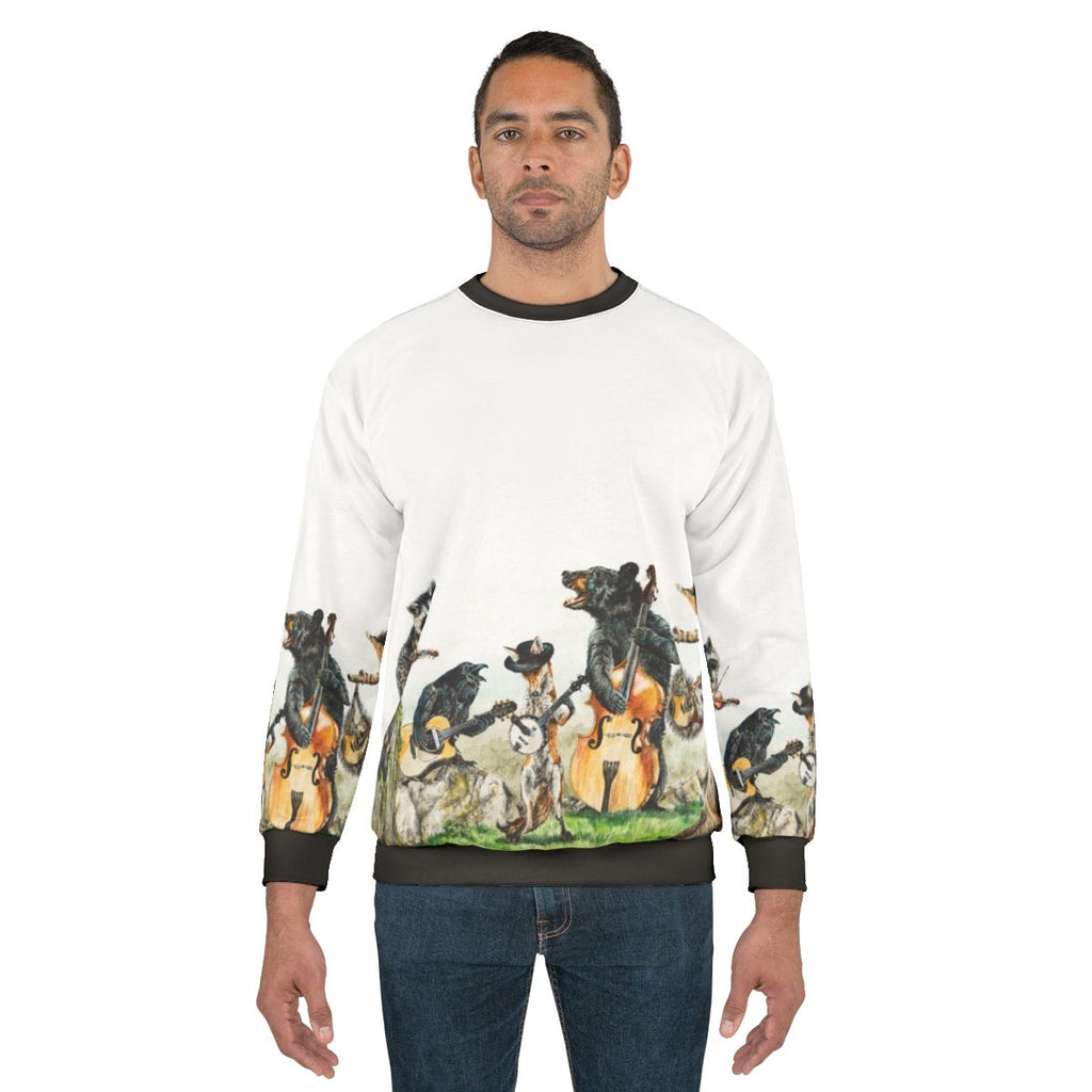 Bluegrass animal music sweatshirt featuring watercolor wildlife art