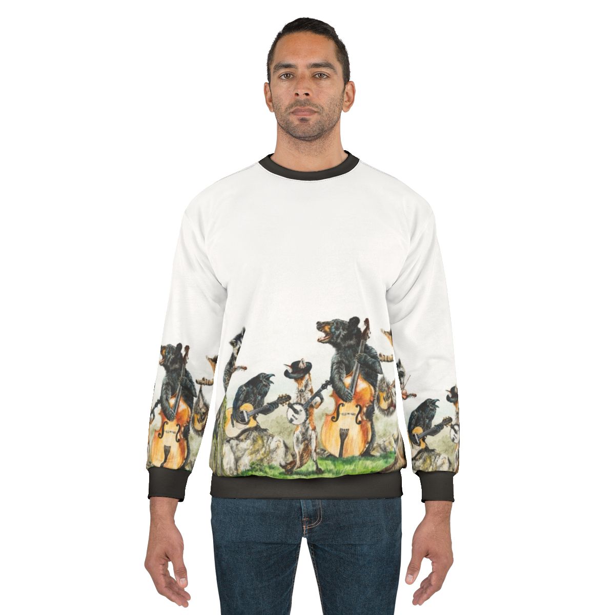 Bluegrass animal music sweatshirt featuring watercolor wildlife art