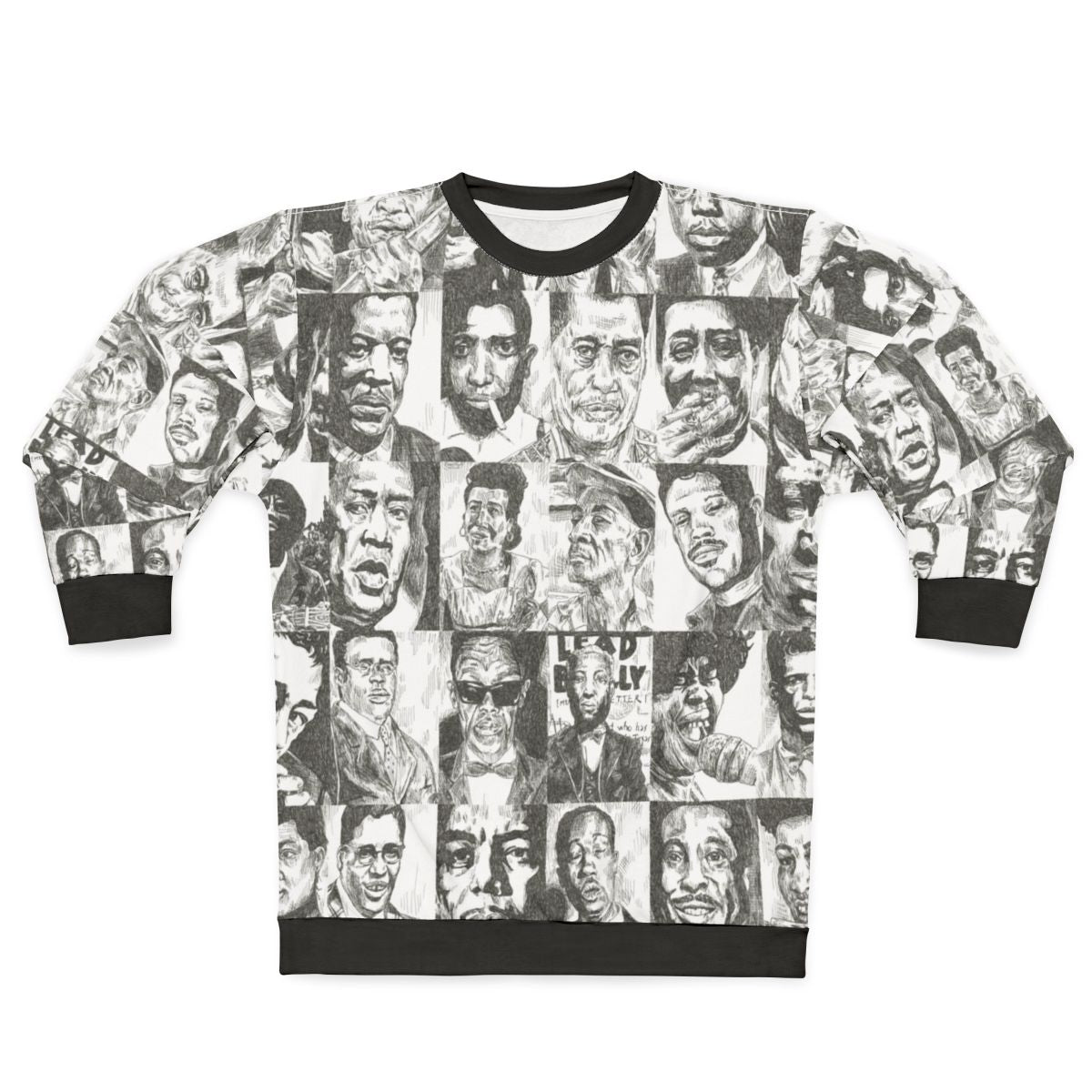 Blues music sweatshirt featuring hand-drawn portraits of legendary blues musicians