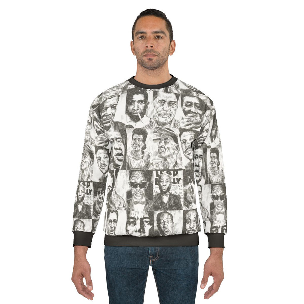 Blues music sweatshirt featuring hand-drawn portraits of legendary blues musicians