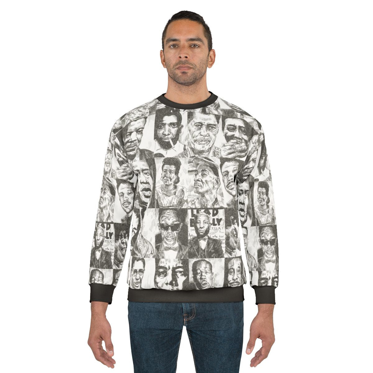 Blues music sweatshirt featuring hand-drawn portraits of legendary blues musicians