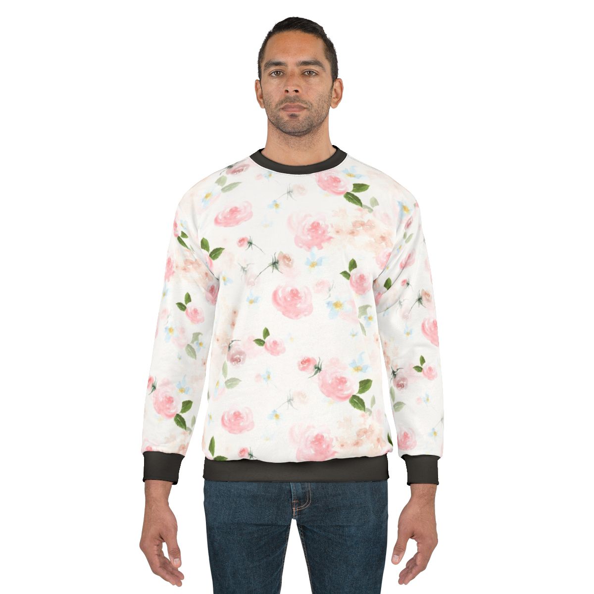 Botanical watercolor floral print on a pink sweatshirt
