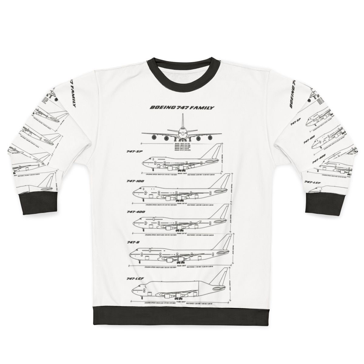 Boeing 747 blueprint design on a white sweatshirt