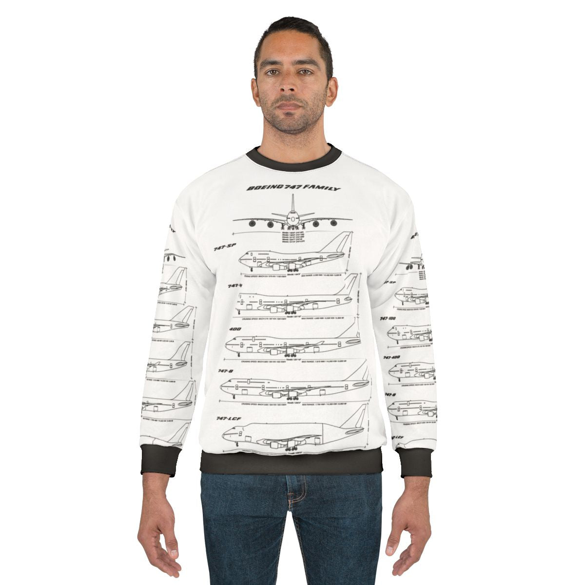 Boeing 747 blueprint design on a white sweatshirt