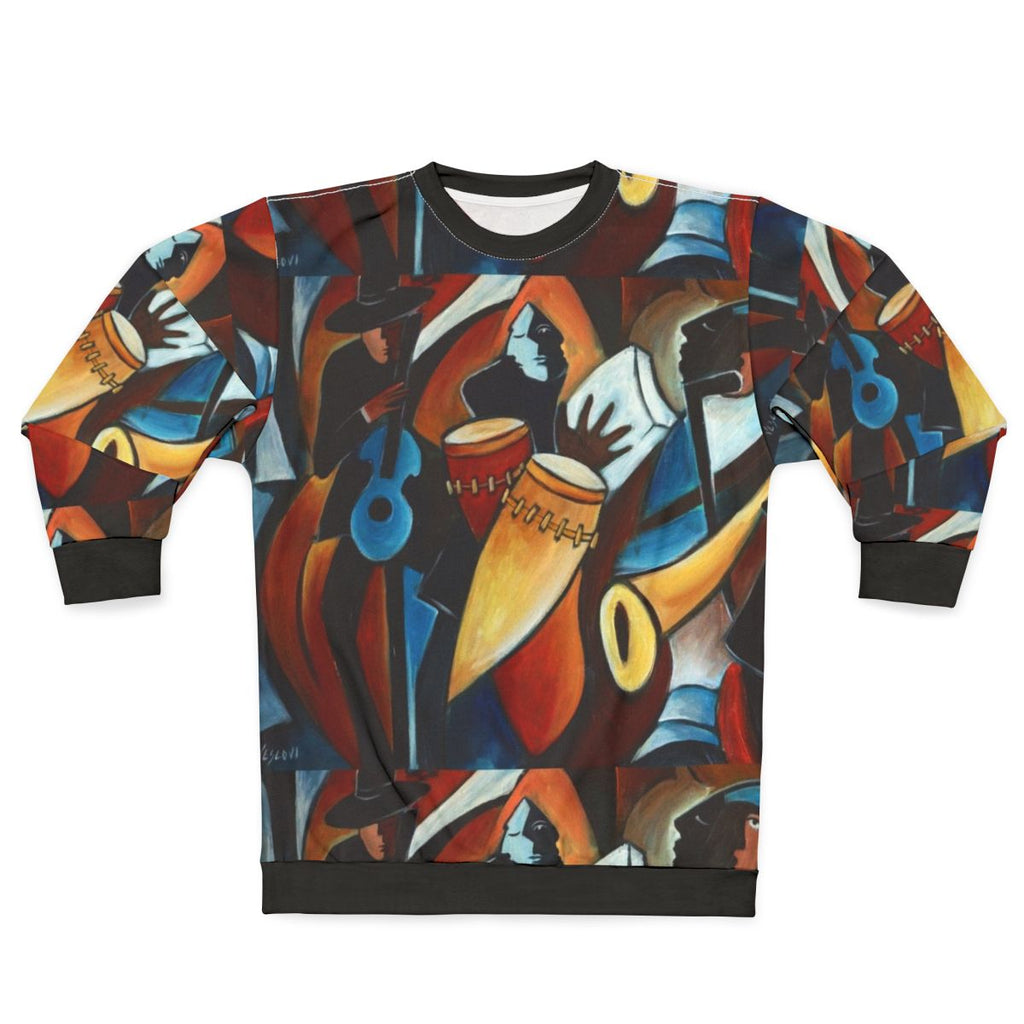 Acrylic sweatshirt with vibrant jazz and Latino music motifs