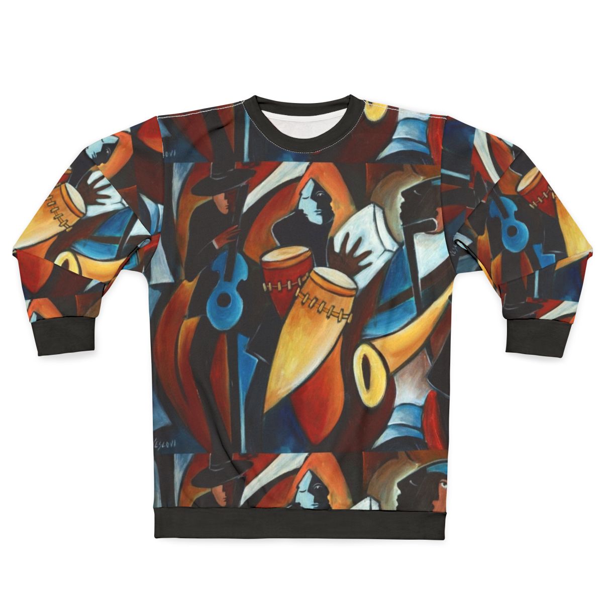 Acrylic sweatshirt with vibrant jazz and Latino music motifs