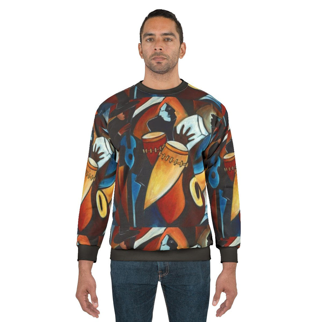 Acrylic sweatshirt with vibrant jazz and Latino music motifs