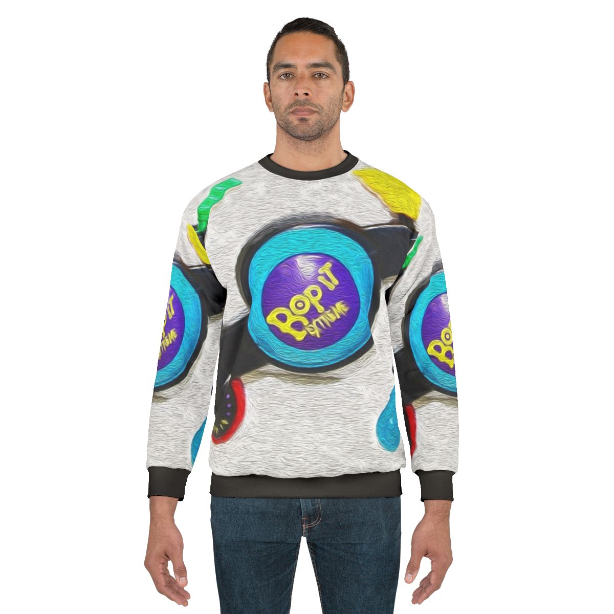 Bop It Extreme retro sweatshirt with colorful meme-inspired design