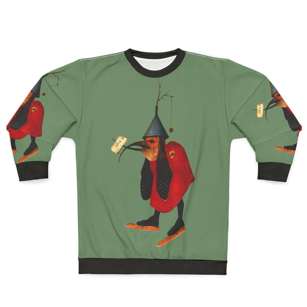 Hieronymus Bosch inspired sweatshirt with bird and letter design