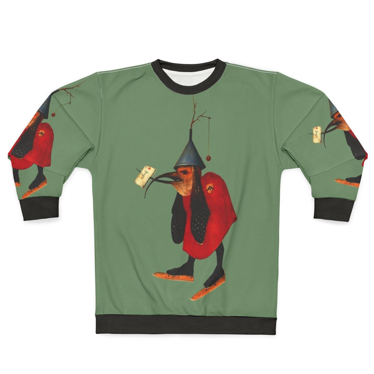 Hieronymus Bosch inspired sweatshirt with bird and letter design