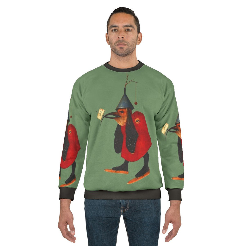 Hieronymus Bosch inspired sweatshirt with bird and letter design