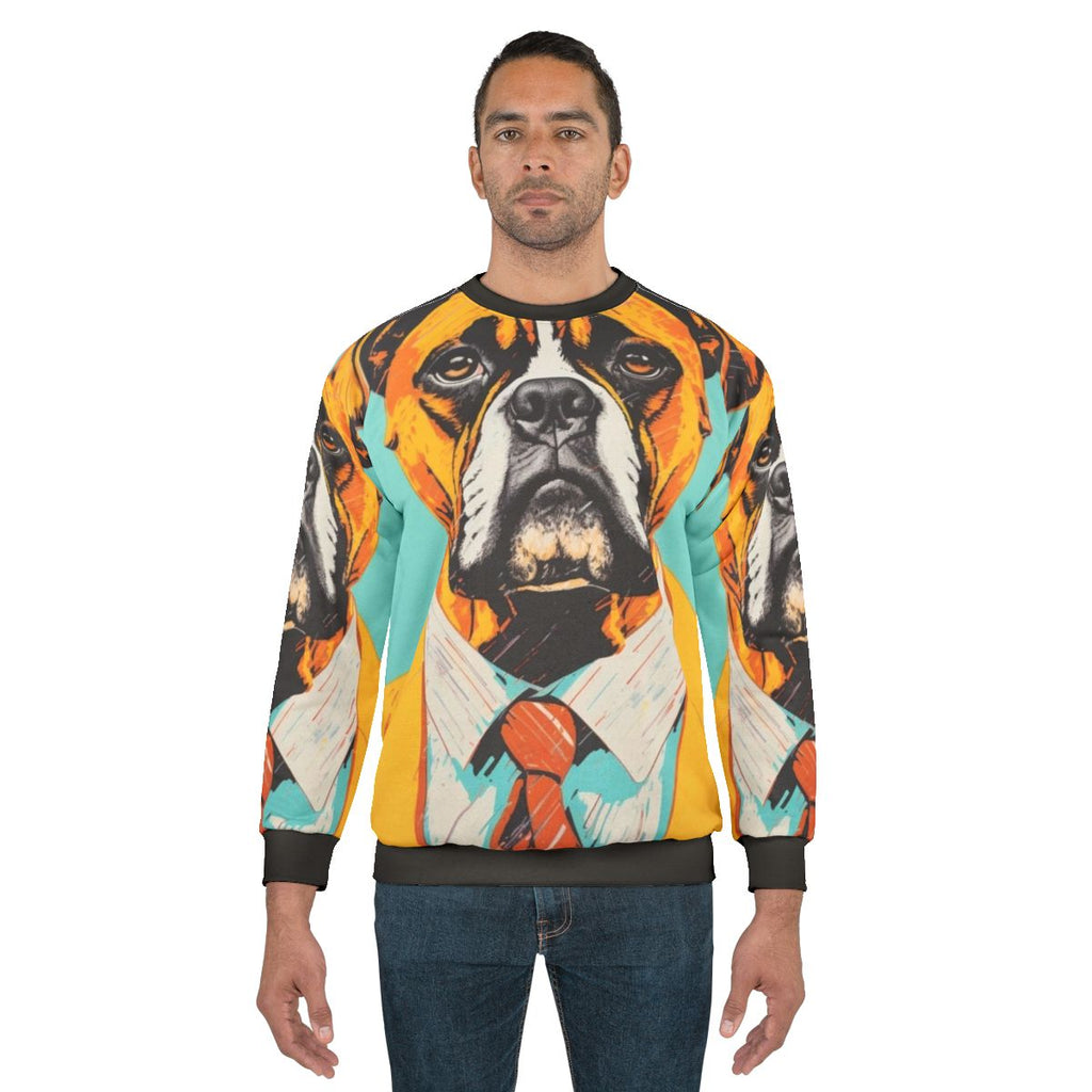 Retro boxer dog in yellow suit graphic on sweatshirt