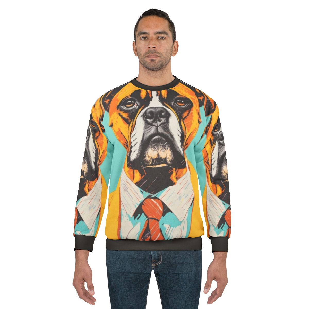 Retro boxer dog in yellow suit graphic on sweatshirt
