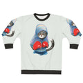 Boxing cat silhouette graphic on blue sweatshirt