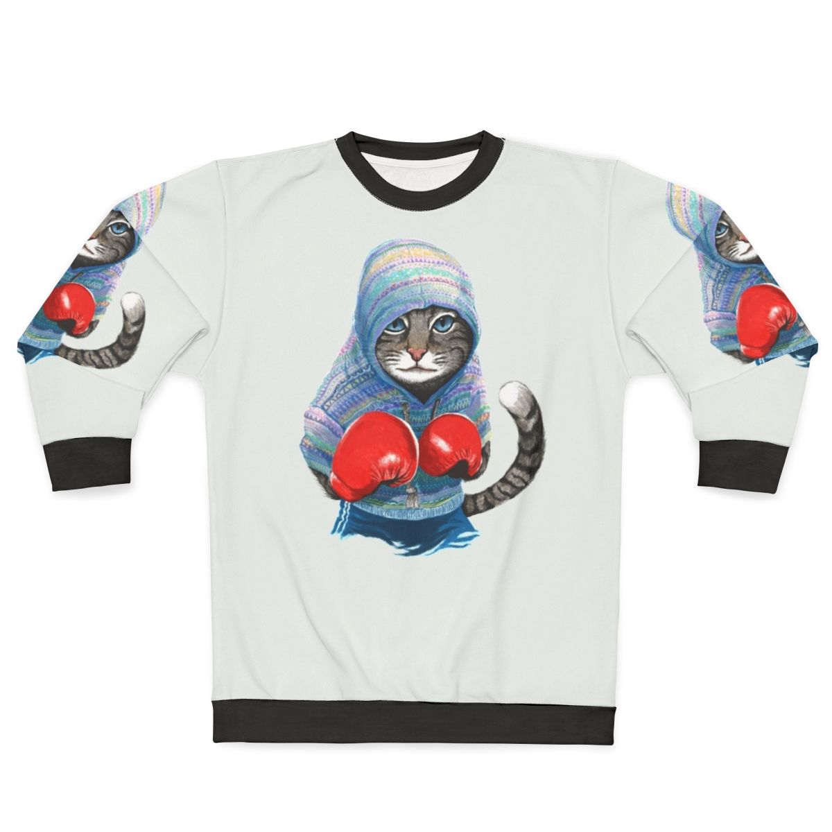 Boxing cat silhouette graphic on blue sweatshirt