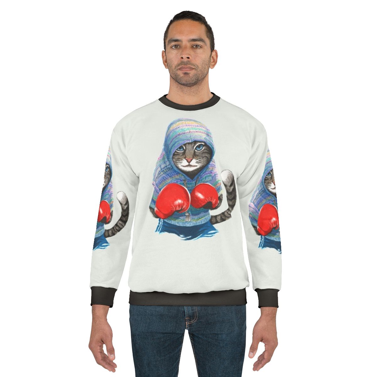 Boxing cat silhouette graphic on blue sweatshirt