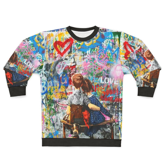 Colorful boy and girl pop art inspired collage design on sweatshirt