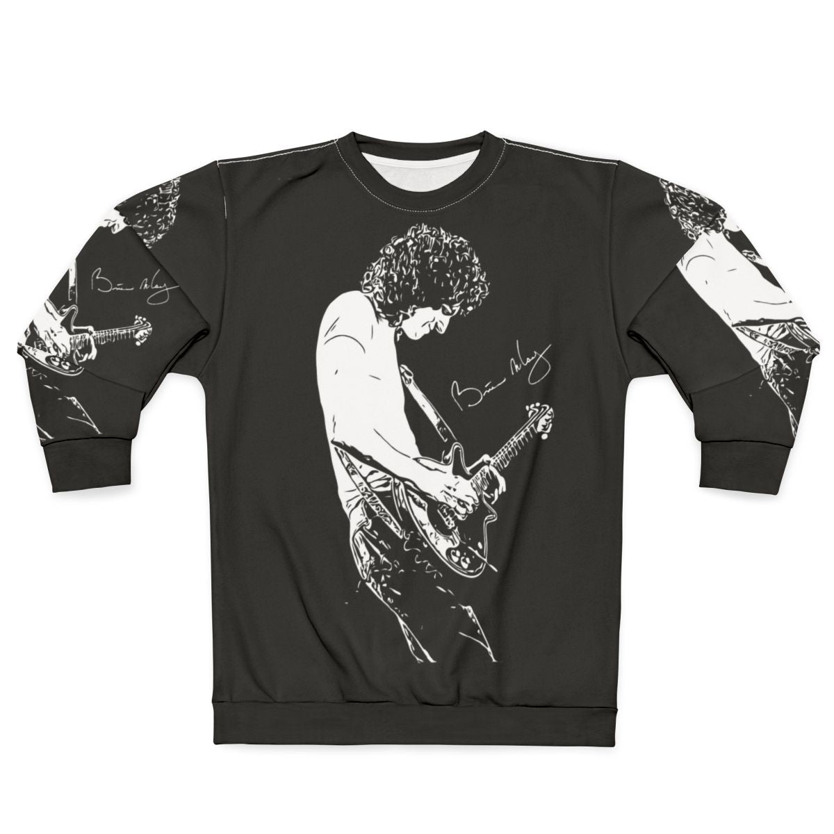Brian May wearing Queen band sweatshirt