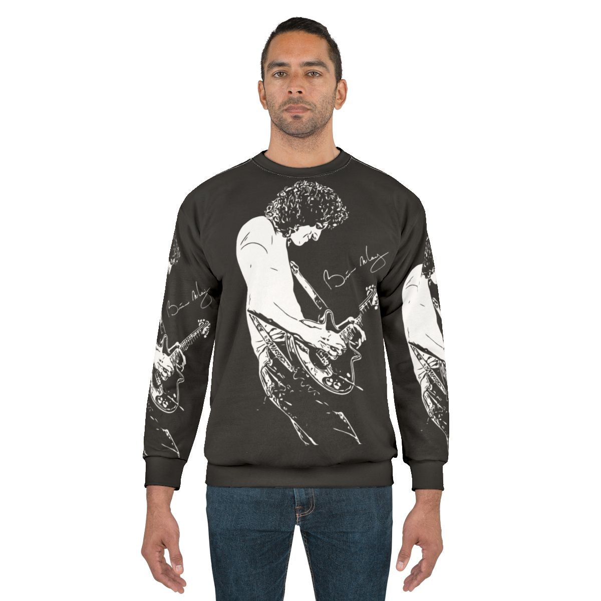 Brian May wearing Queen band sweatshirt