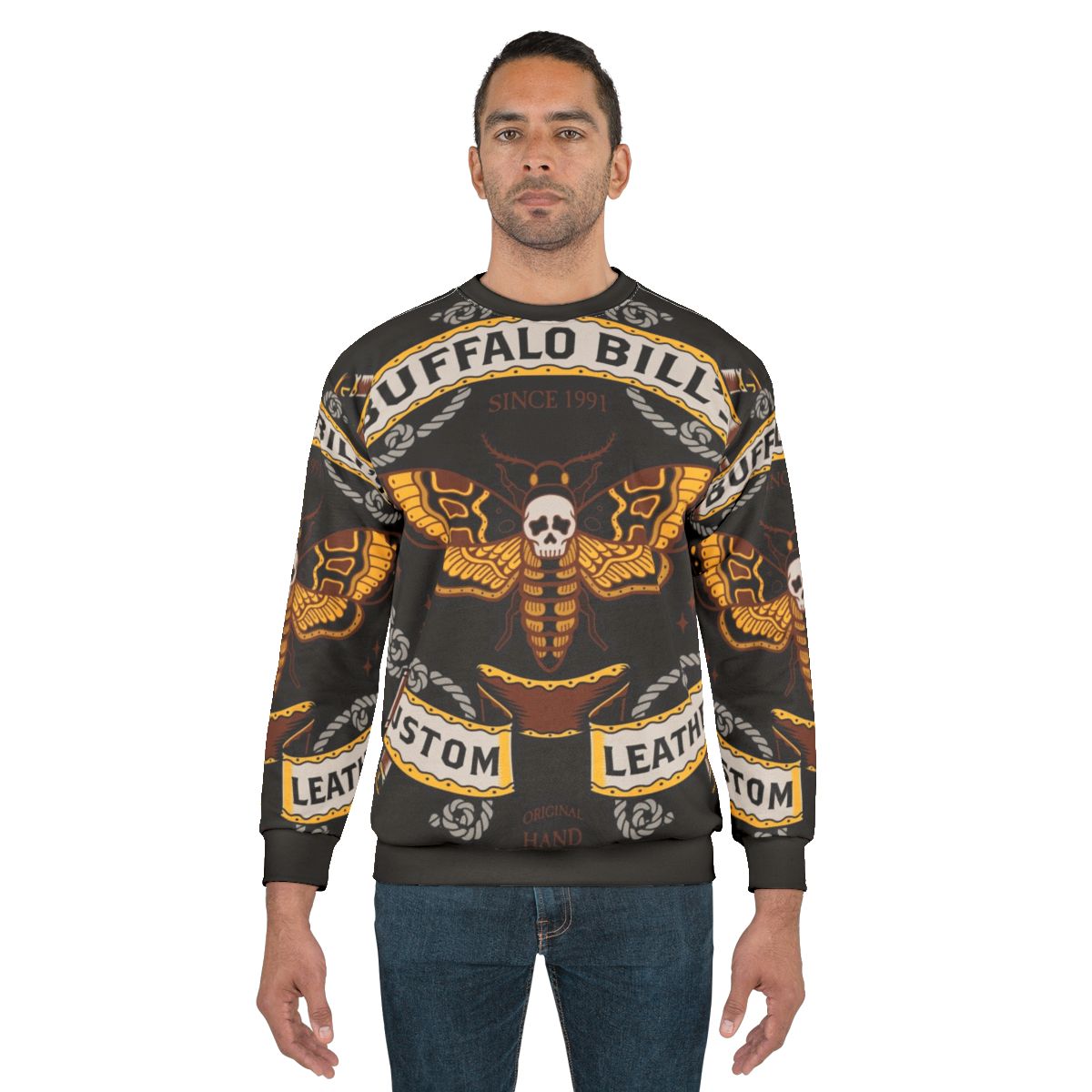 Buffalo Bill leather sweatshirt, Silence of the Lambs inspired goth fashion