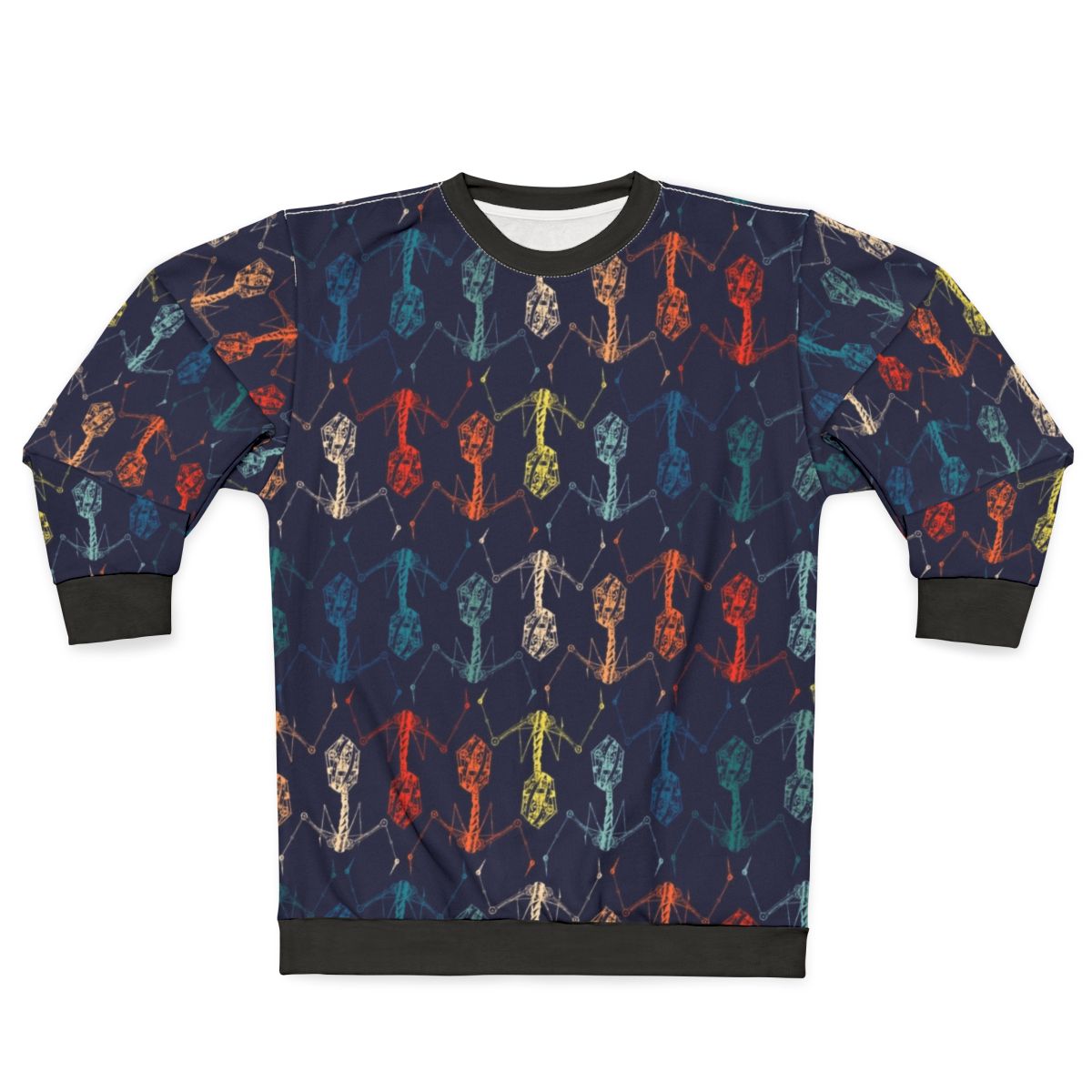 Built Phage Rainbow Sweatshirt featuring a bacteriophage graphic design