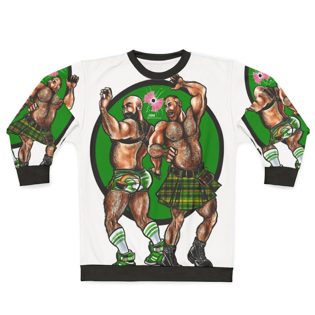 Bearded bear wearing a graphic sweatshirt for gay pride